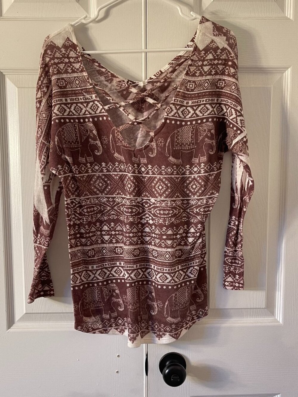 Charlotte Russe XS Brown Elephant Print Boho Hooded Long Sleeve Top